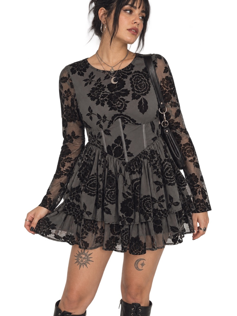 Chelsea & Violet Floral Flocked Mesh Corset Mini Dress S NWT